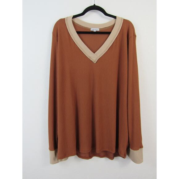 White Birch 2X Burnt Orange Ribbed Knit Long Sleeve Lightweight Sweater V-Neck - Picture 1 of 5